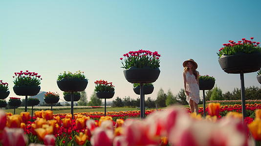 郁金香庭院拥有明亮的花蕾在蓝天背景下美丽视频的预览图