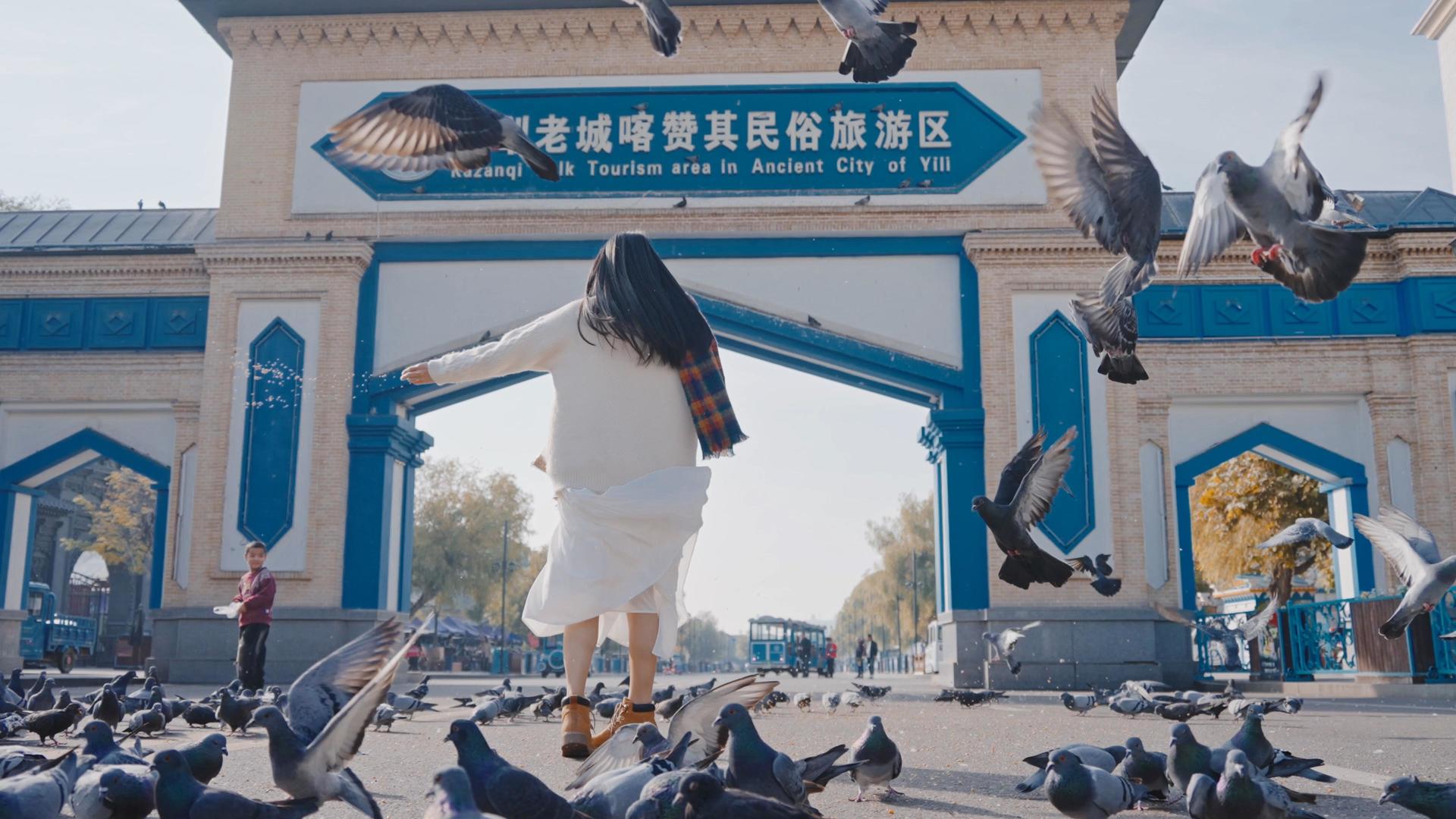 民间旅游区4K伊犁喀赞鸽子和少女视频的预览图
