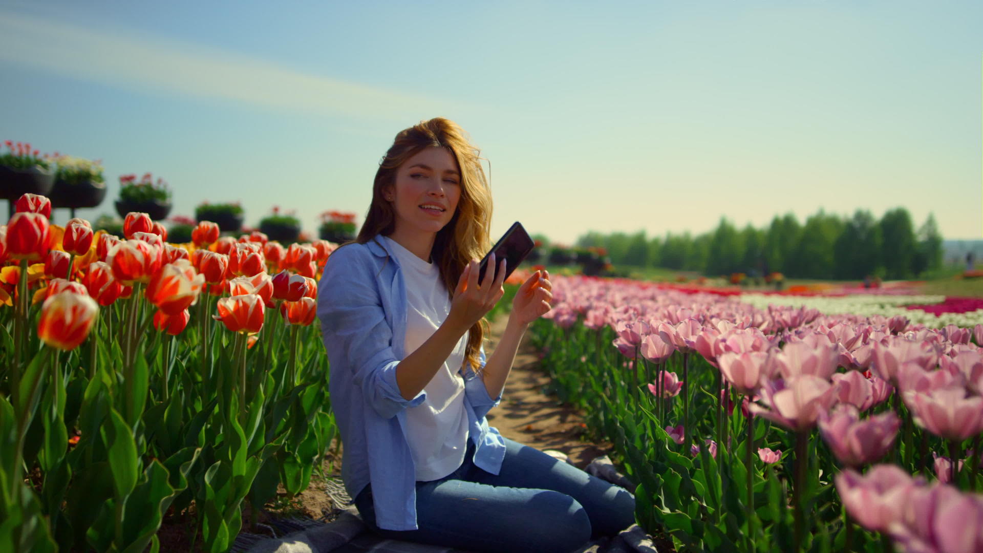在阳光明媚的日子里年轻女子拿着手机坐在盛开的花园里视频的预览图
