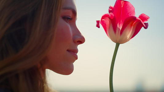 特写美女脸部享受郁金香花在柔和的日落光线室外享受视频的预览图
