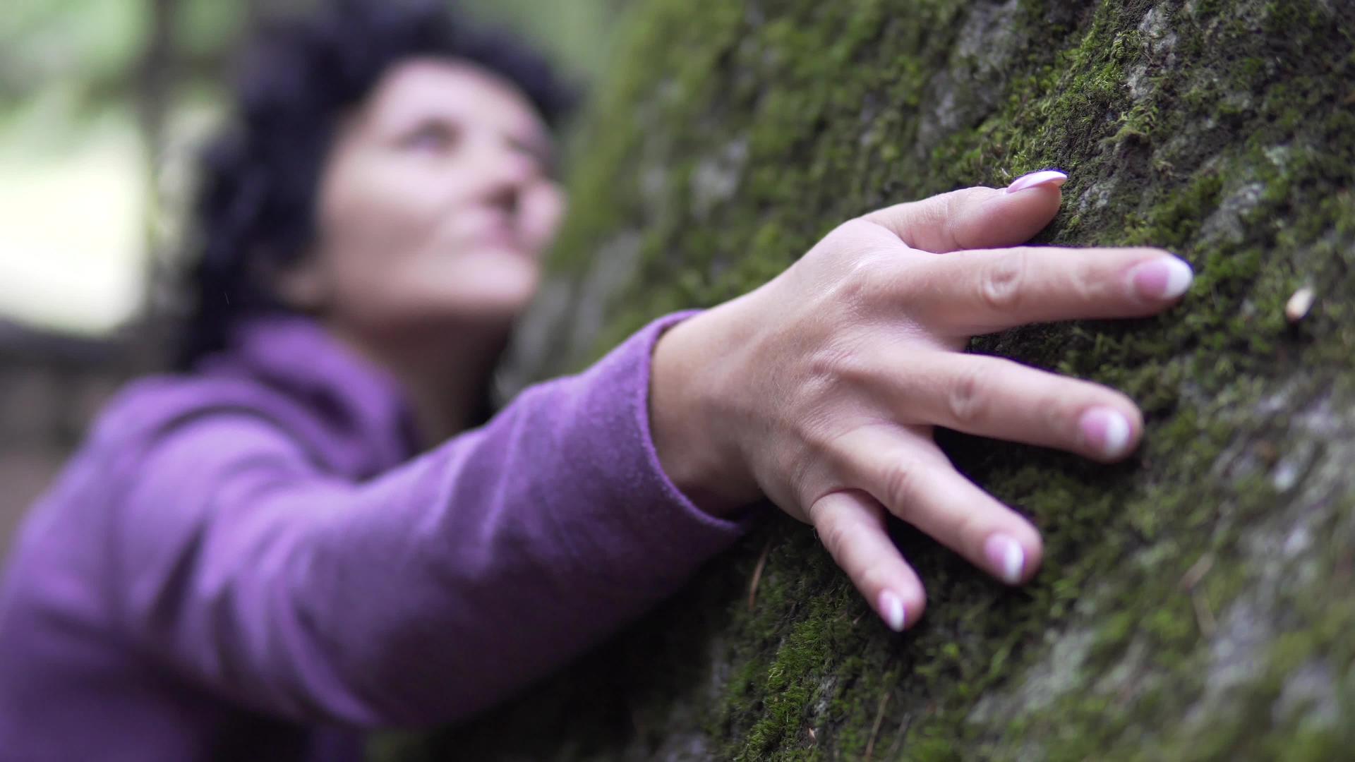 恋爱中的幸福女人在森林里放松地拥抱着一块巨大的石头视频的预览图
