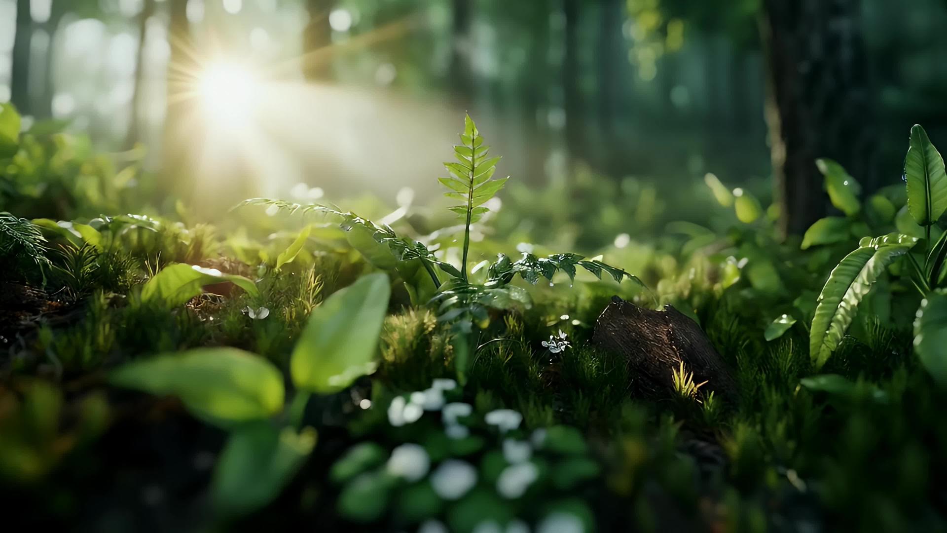 森林大树丁达尔效应草河自然风光视频的预览图