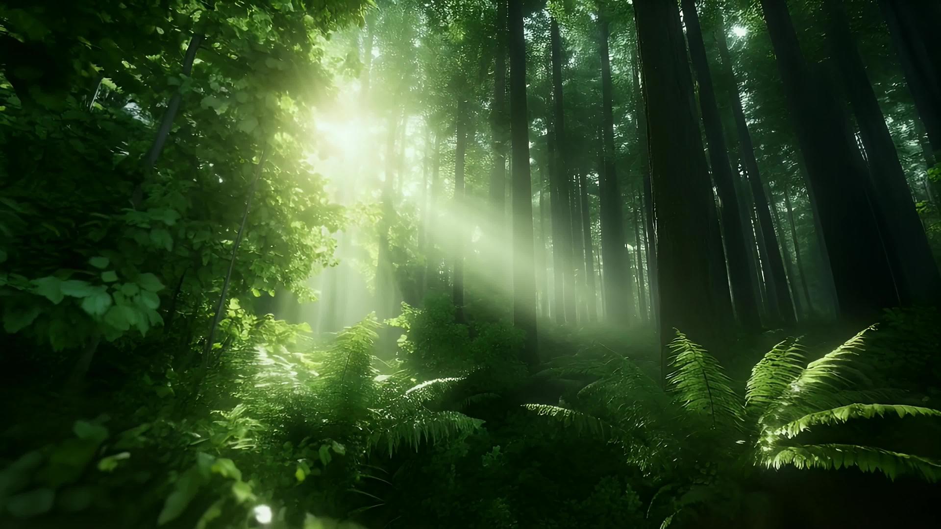 森林大树丁达尔效应草河自然风光视频的预览图