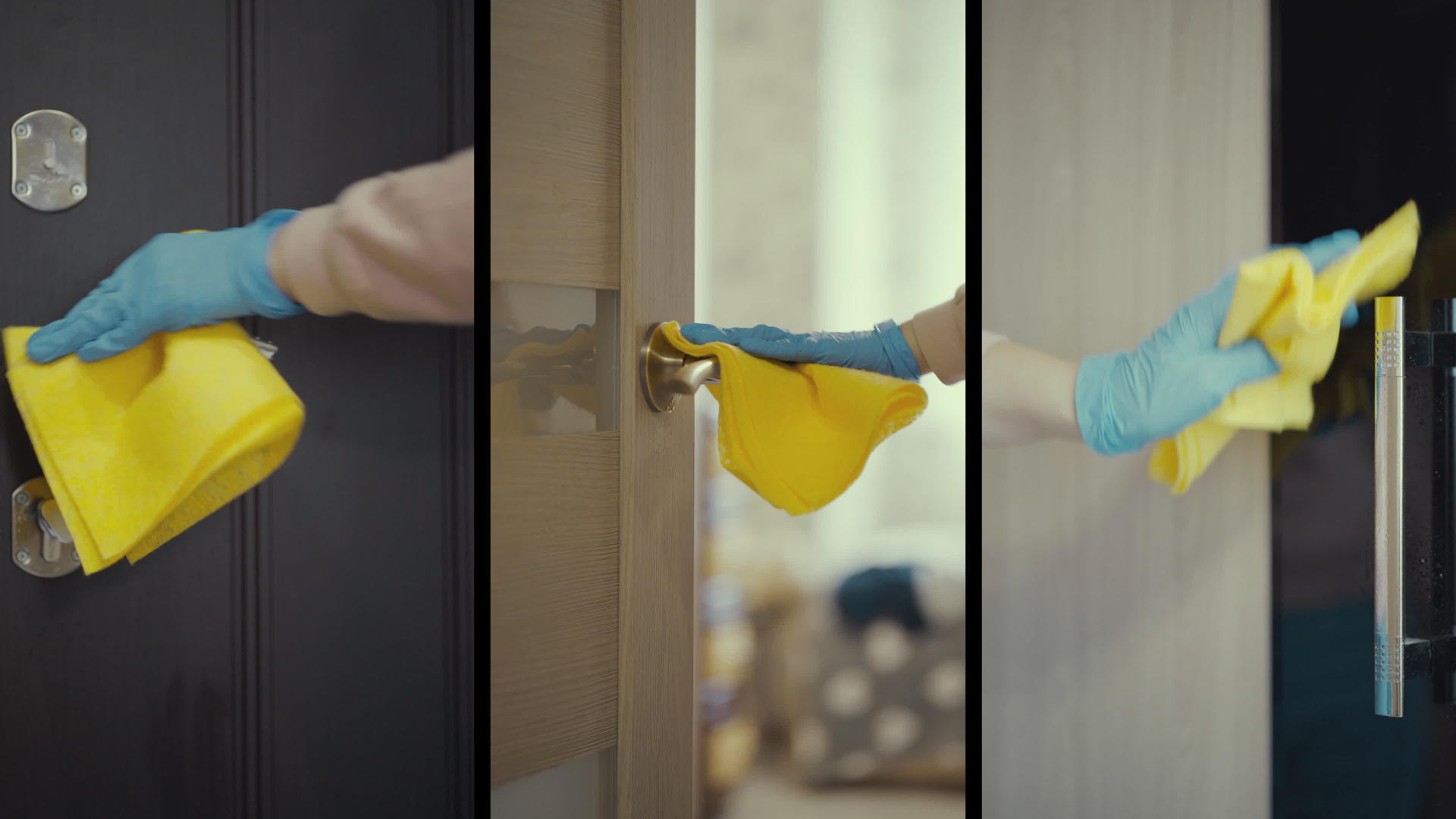 妇女用洗涤剂和湿毛巾把手放在消毒门把手上视频的预览图
