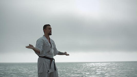 跆拳道人在平静的海面附近训练力量视频的预览图