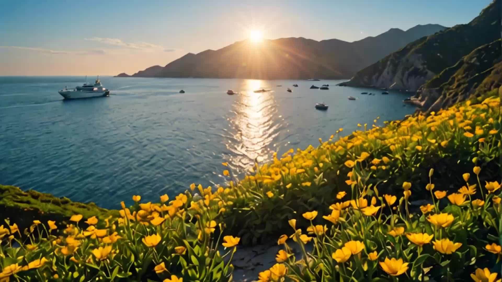 美丽的海洋和花朵空镜春天的自然风光视频的预览图