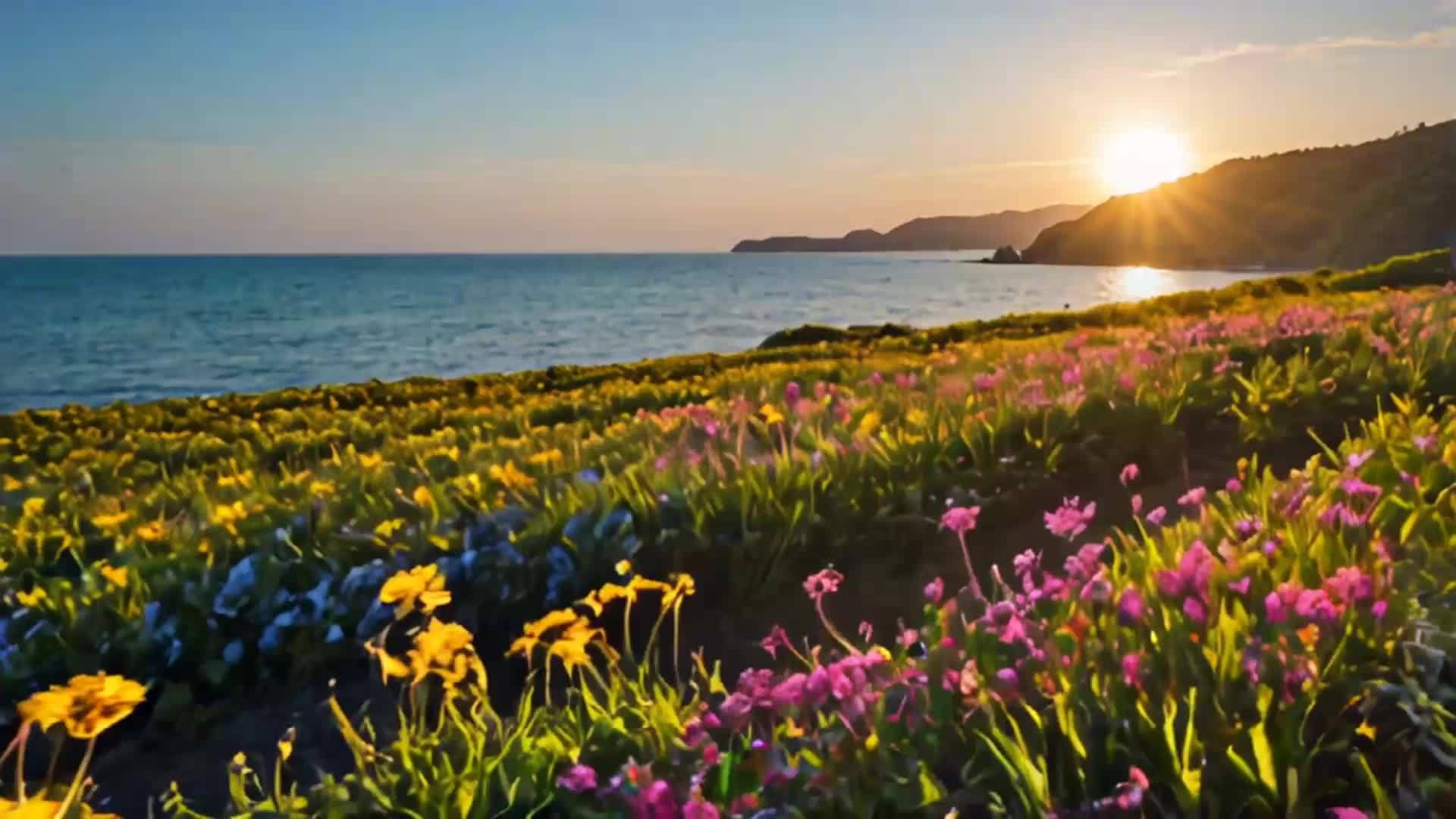 阳光穿过海边的花朵美丽的空镜春天的自然风光视频的预览图