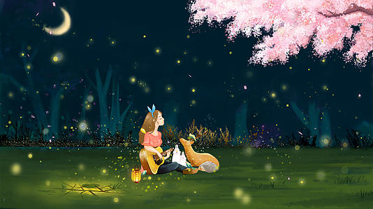 弹琴少女萤火虫之夜卡通背景视频的预览图