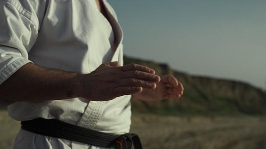 日落时武术大师站在沙滩上热身热身视频的预览图