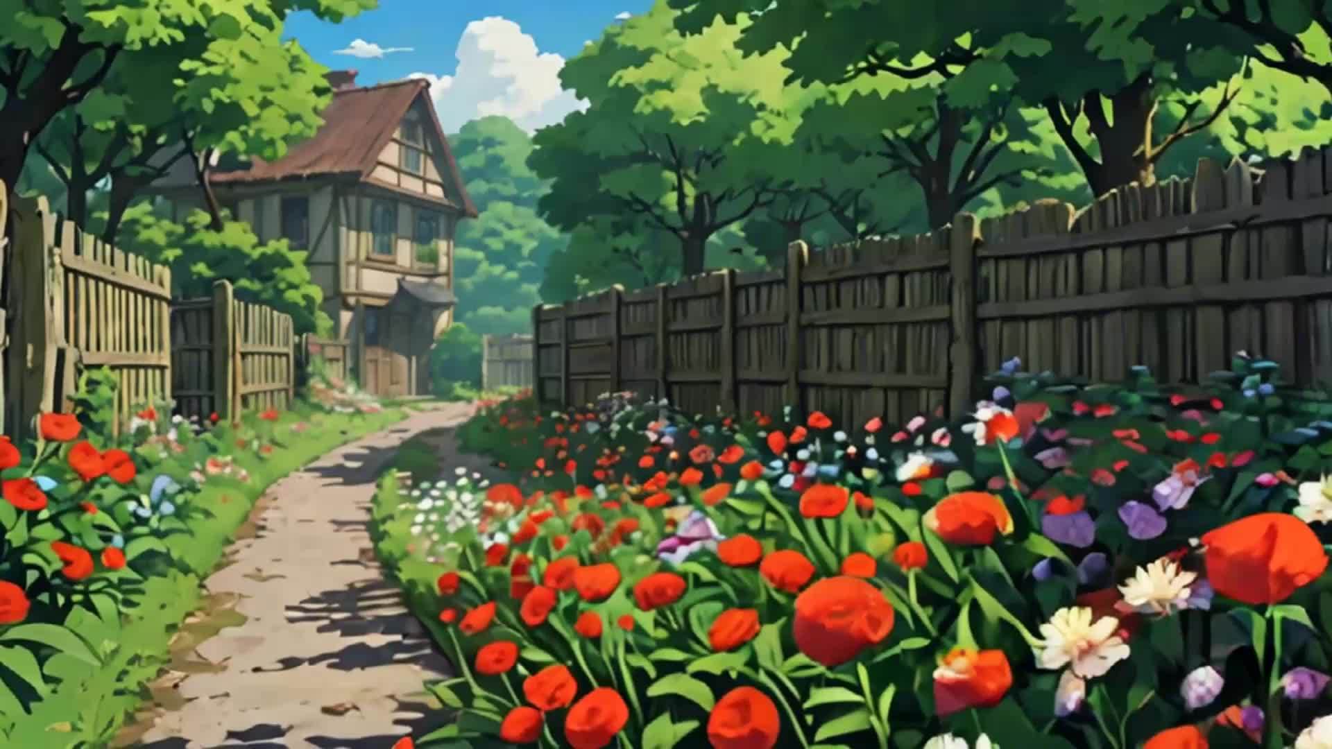 乡村卡通花丛小屋视频的预览图
