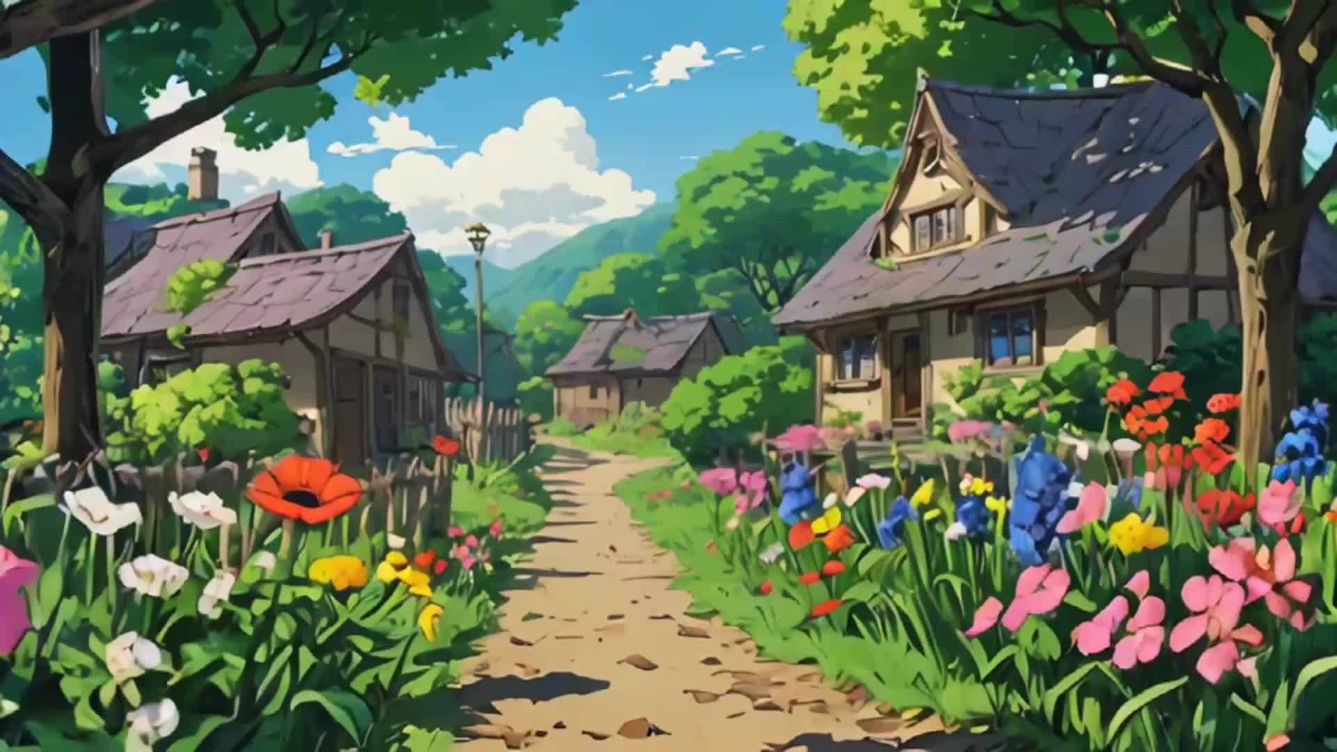 乡村卡通花丛小屋视频的预览图
