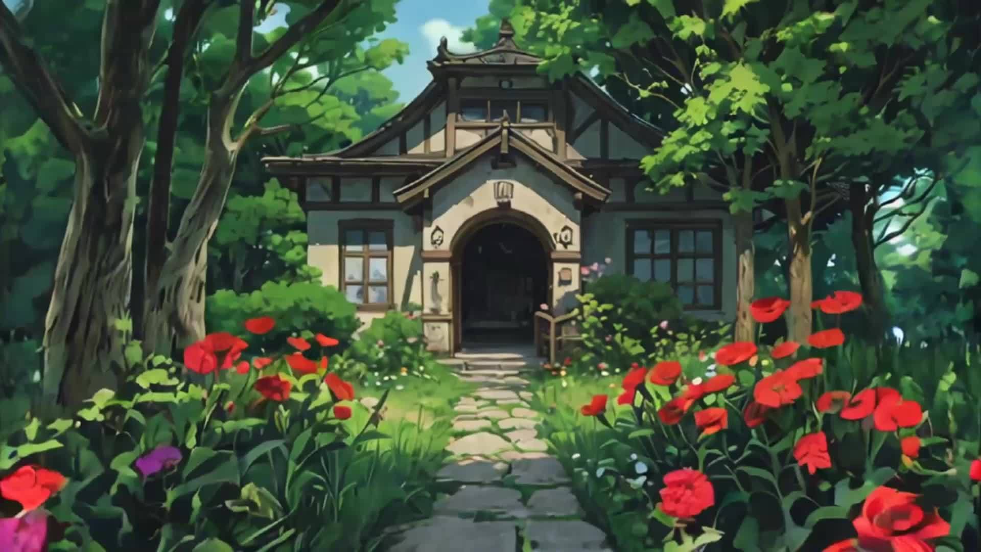 动画卡通乡村花丛小屋背景视频视频的预览图