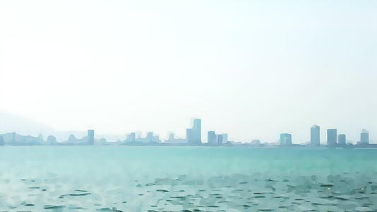 雾和海中摩天大楼的剪影模糊了视频转换的背景薄雾笼罩在笼罩之中视频的预览图