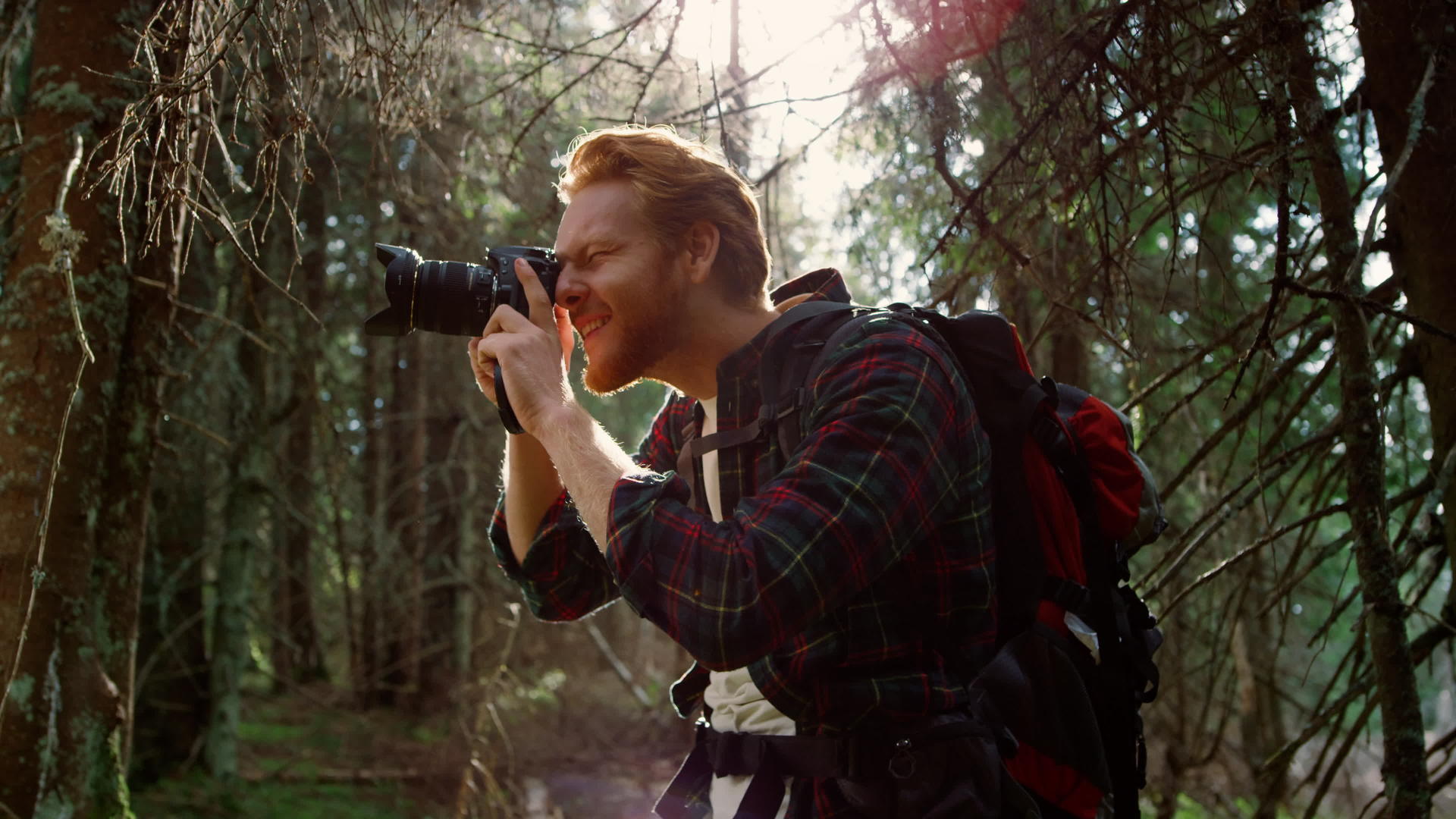 在森林中拍摄绿色景观的游客视频的预览图