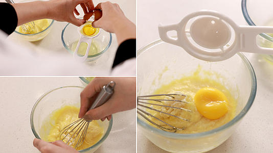 面点师用分蛋器将蛋黄分离搅拌到面糊中视频的预览图