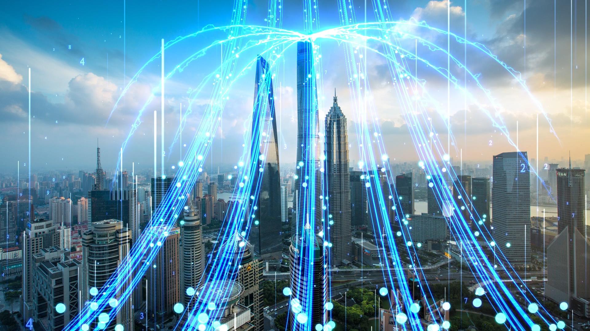 蓝色动态大气科技感城市光线穿梭视频元素视频的预览图