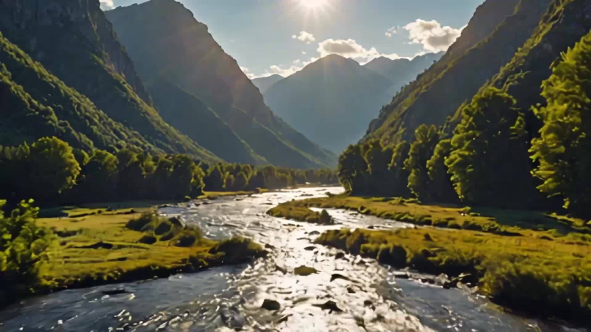 阳光下山河的自然风光视频的预览图