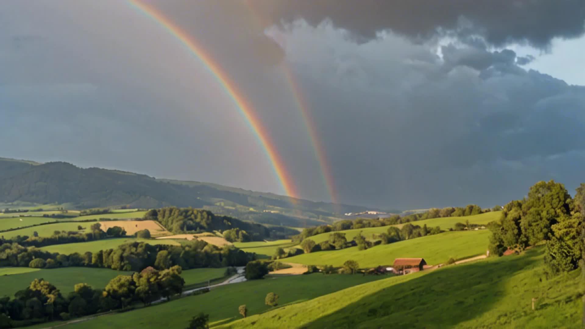大气山谷和彩虹在阳光下的自然景色视频的预览图