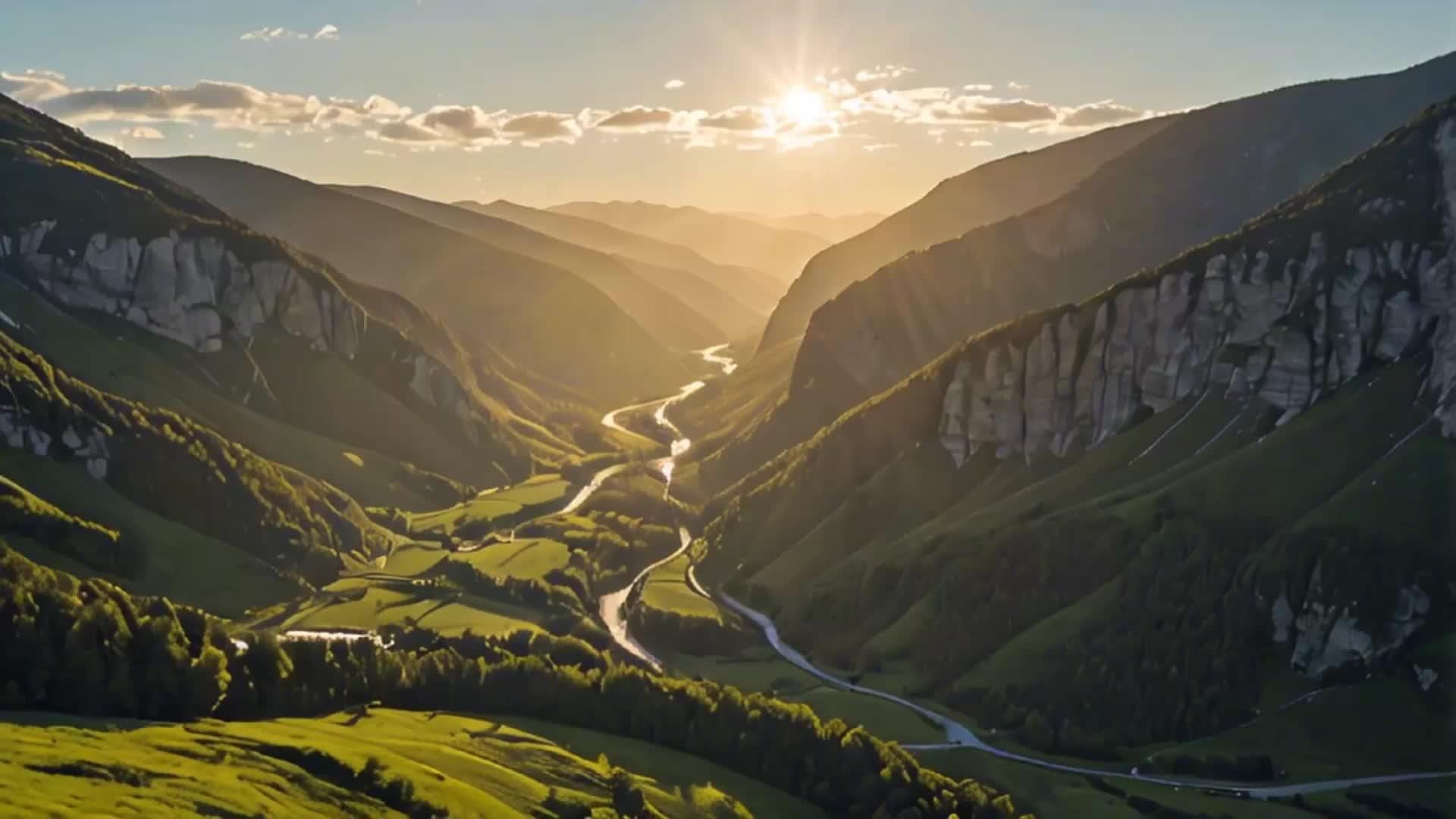 阳光下山谷河流的风景视频的预览图