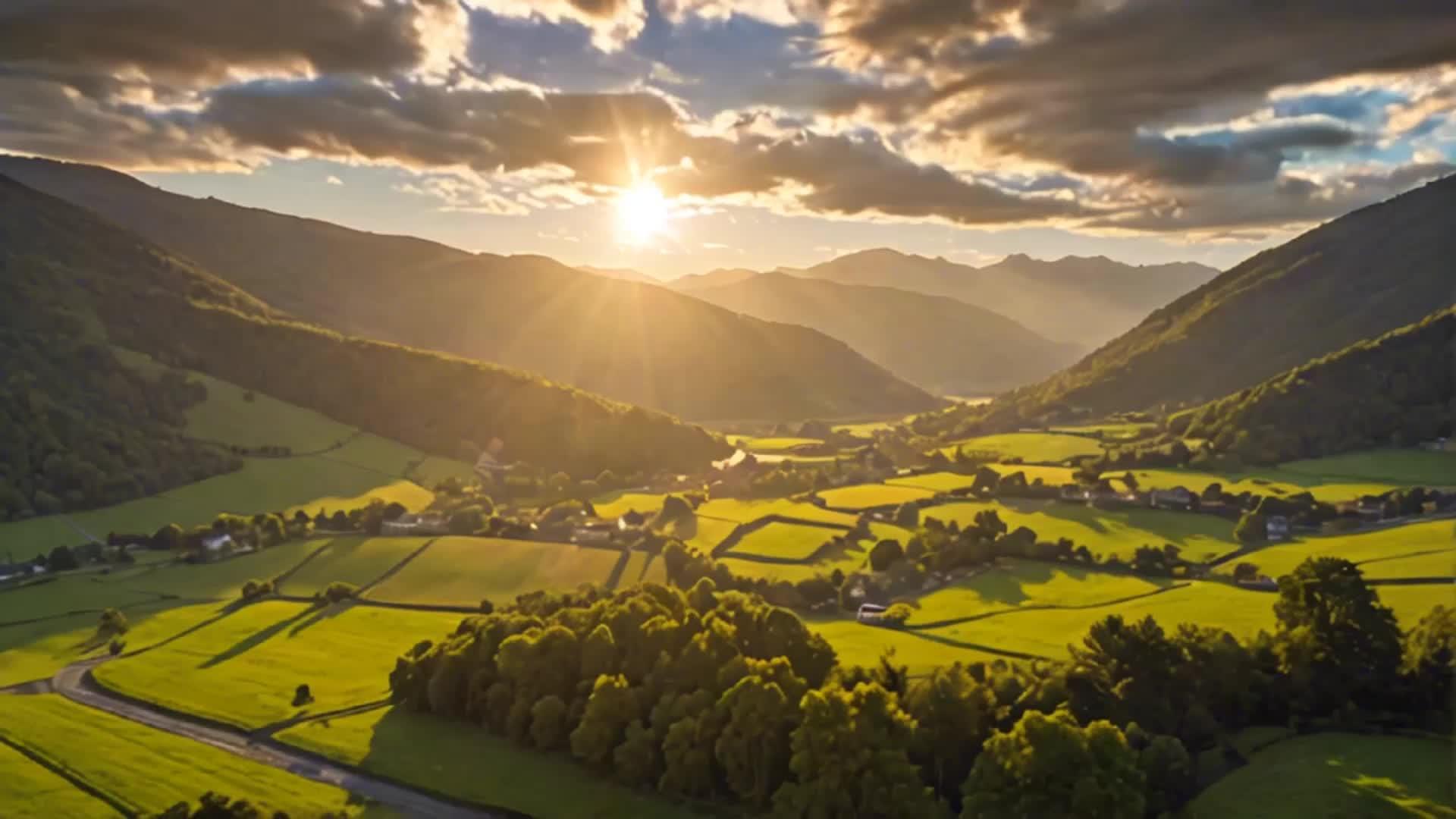 太阳穿过山谷河流大气震撼视频的预览图