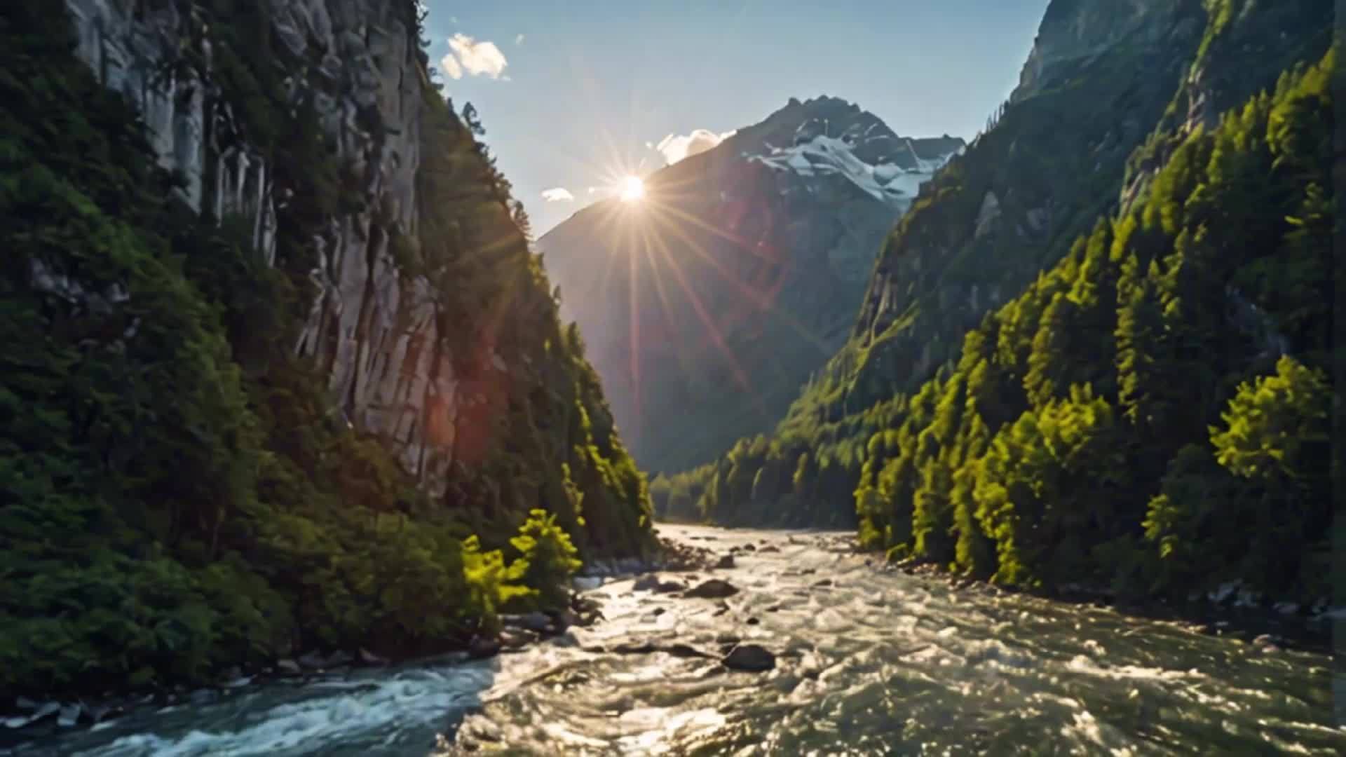 阳光穿过山谷河流的景色视频的预览图