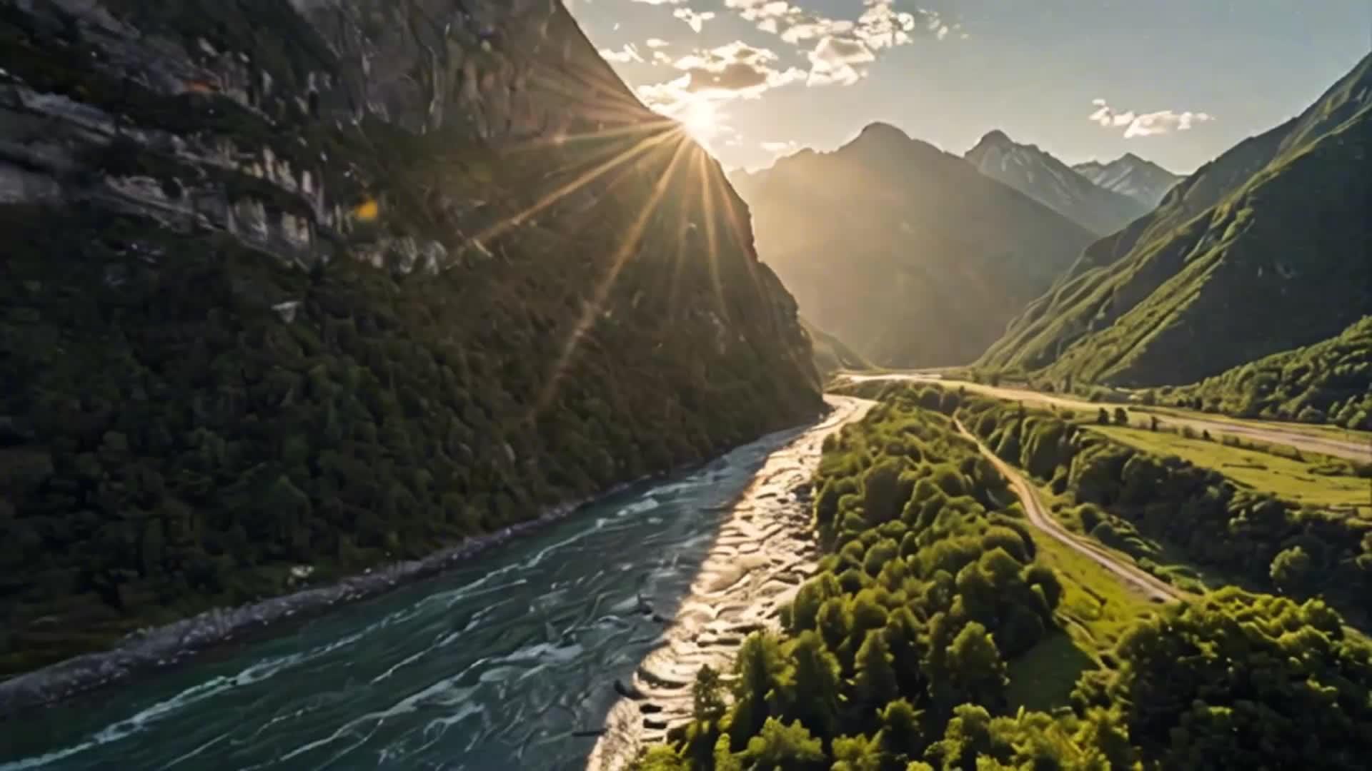 太阳穿过山谷河流大气震撼视频的预览图