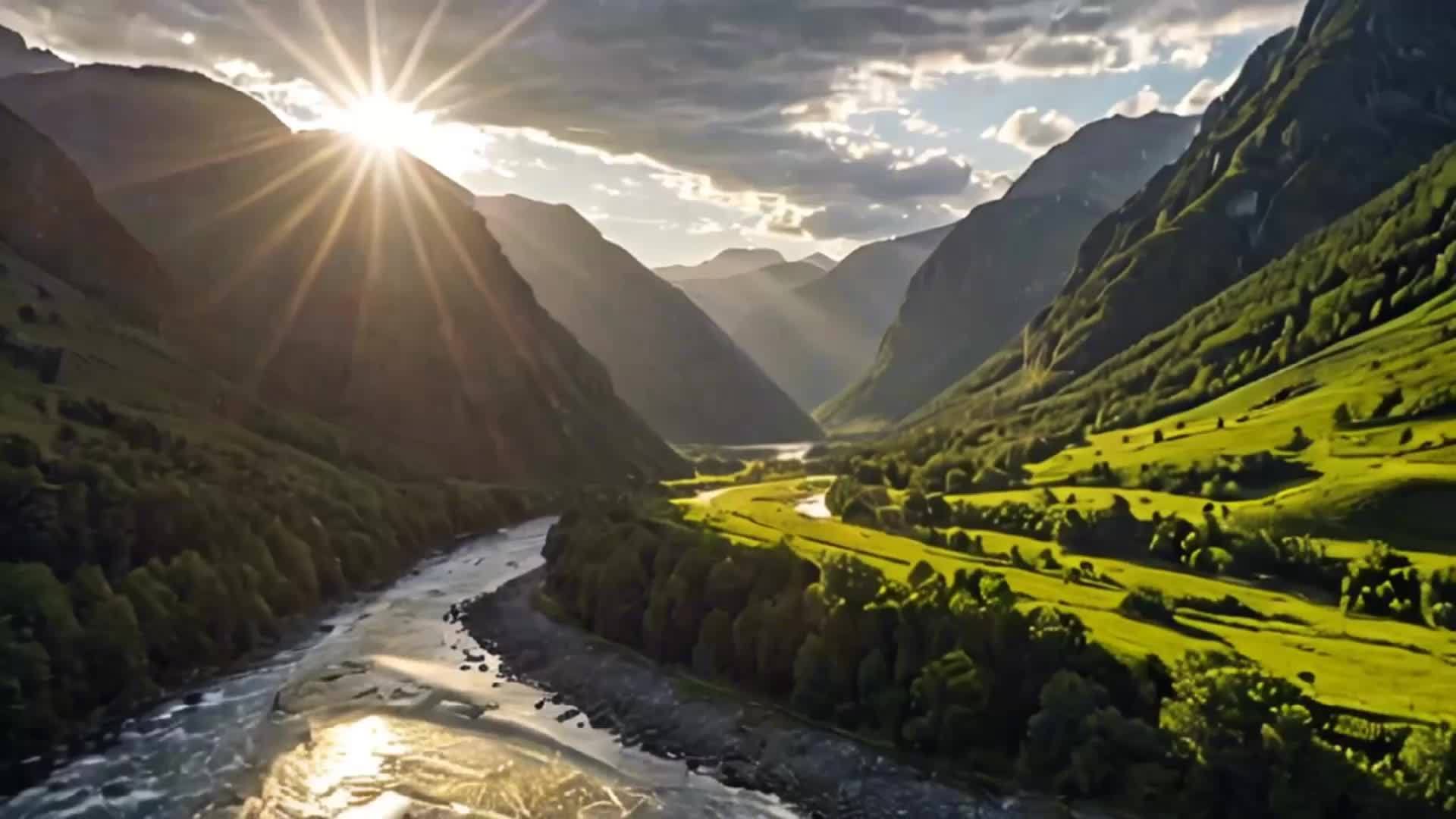 太阳穿过山谷河流大气震撼自然视频的预览图