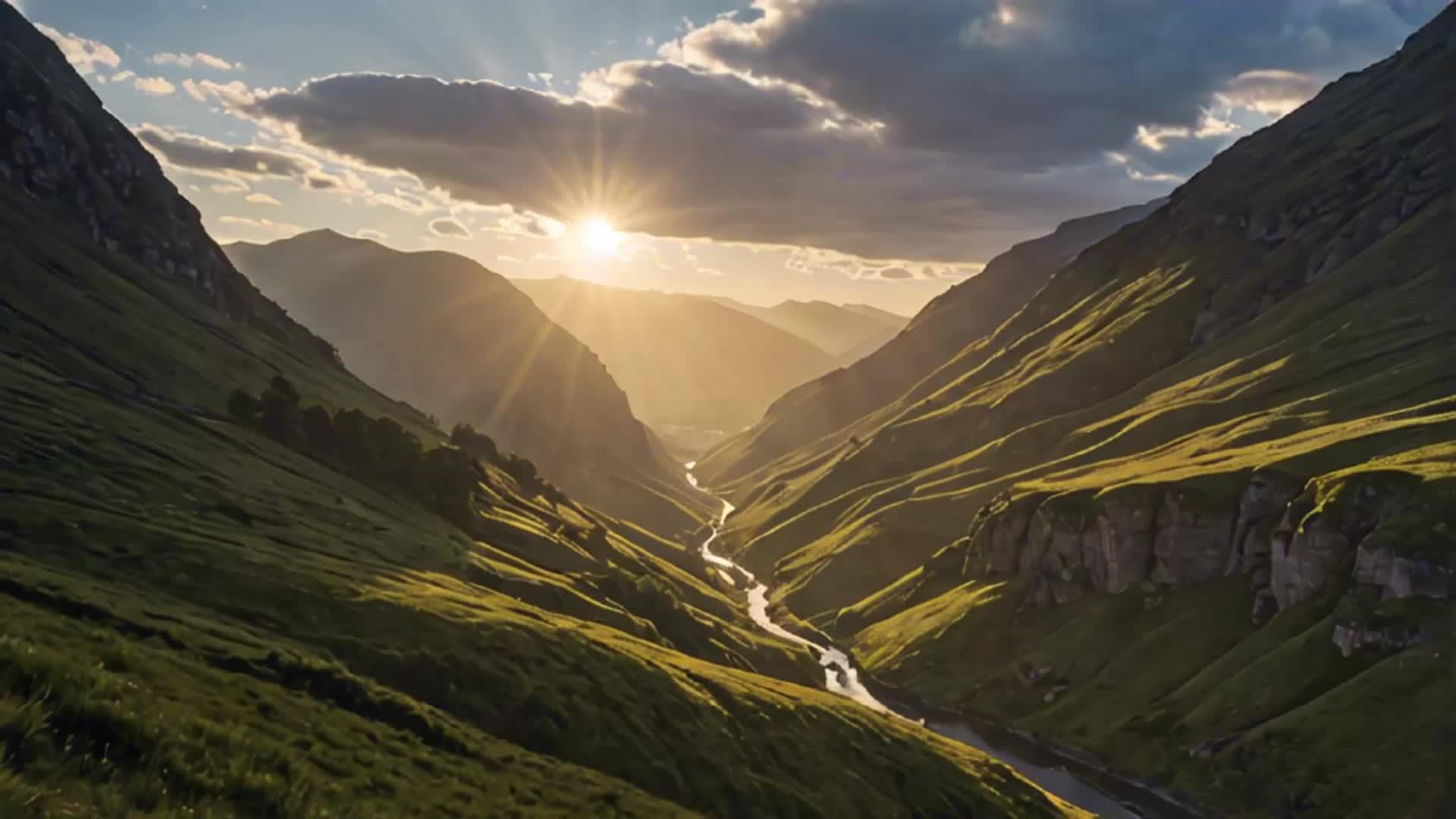 太阳穿过山谷河流视频的预览图