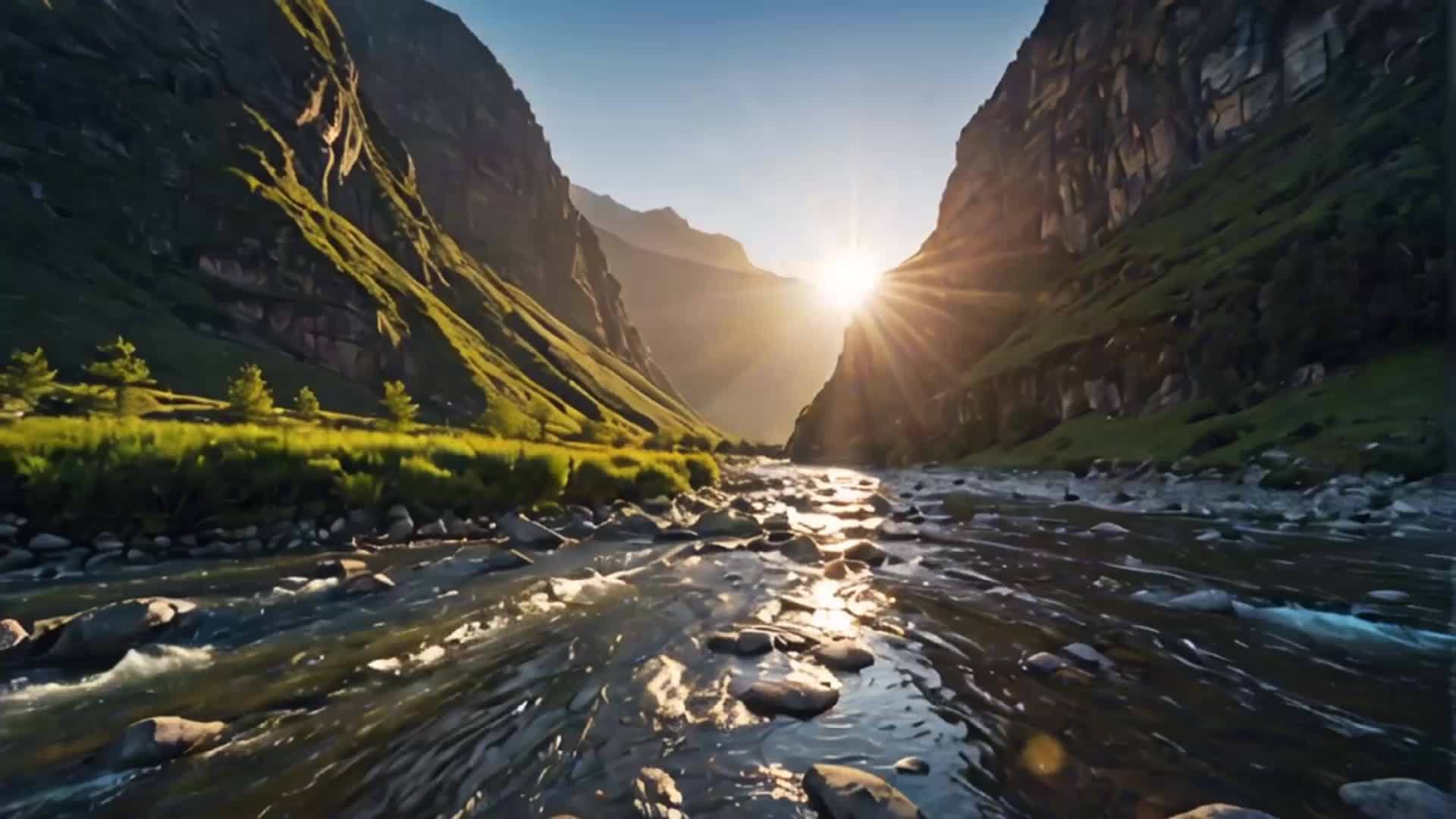 太阳穿过山谷河流大气震撼自然风光视频的预览图