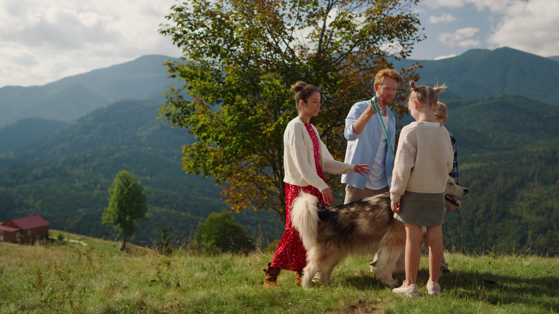 快乐的家庭阿拉斯加狗去山里夏天视频的预览图