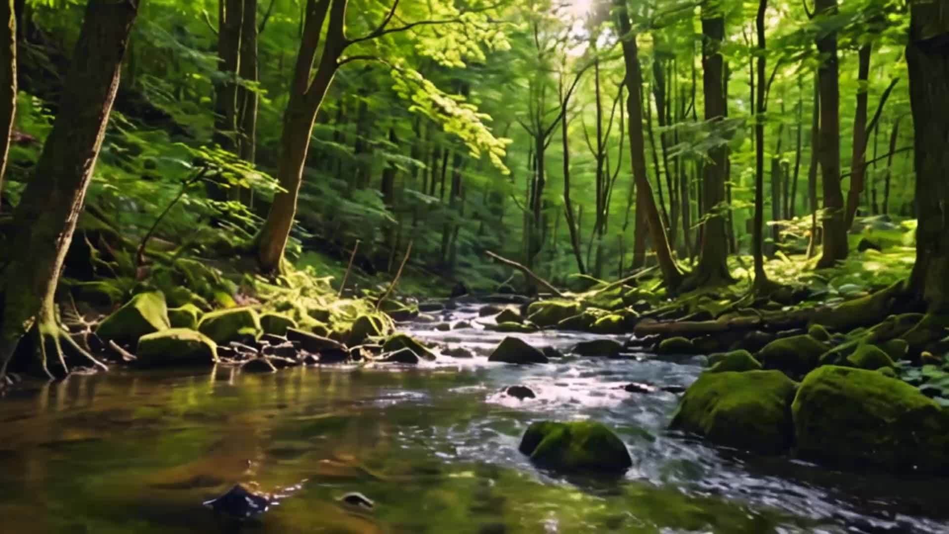 阳光穿过树林和溪流的自然风光视频的预览图