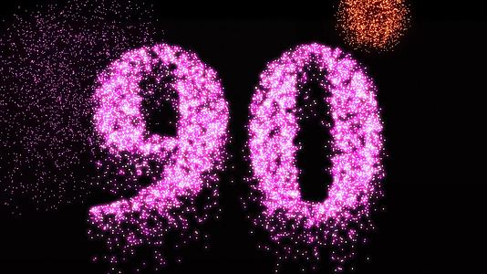 90个烟花庆祝数字或粉红色霓虹灯庆祝视频动画视频的预览图