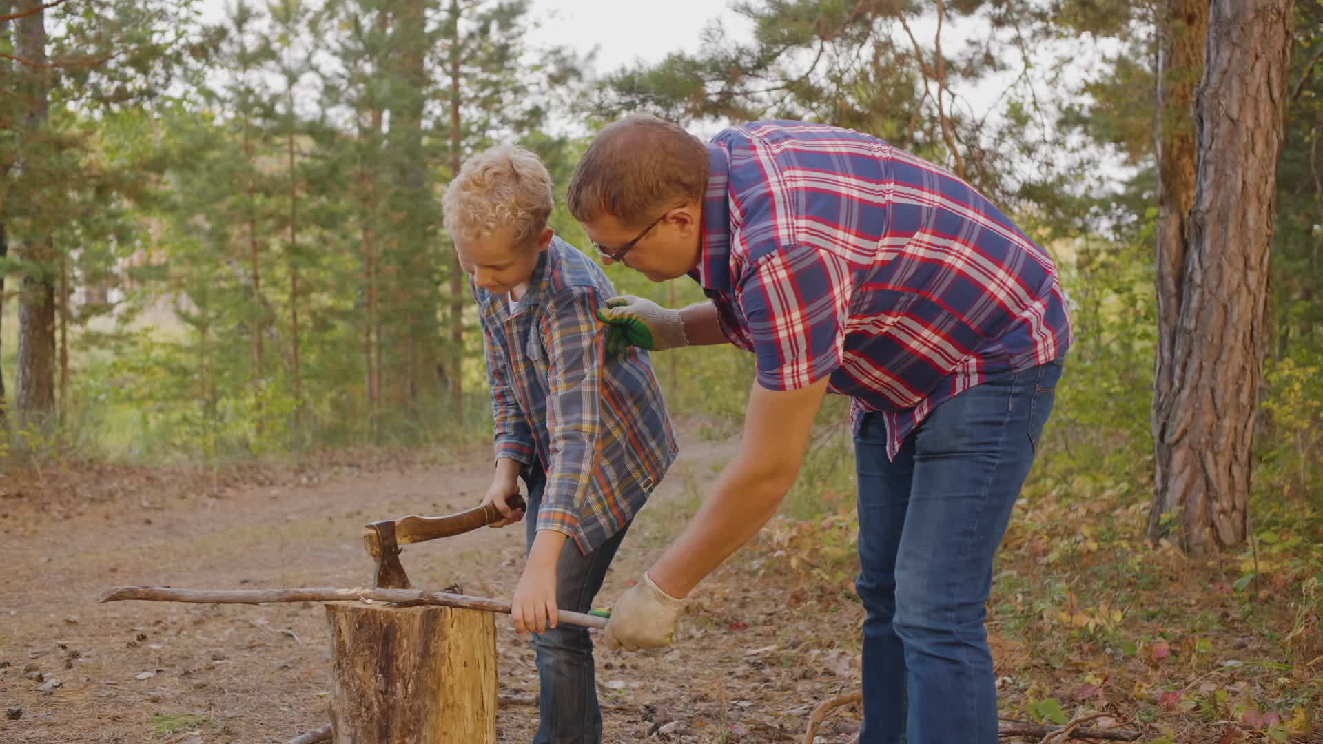 父亲教儿子在夏天的森林里用斧头砍柴父亲和儿子十几岁视频的预览图