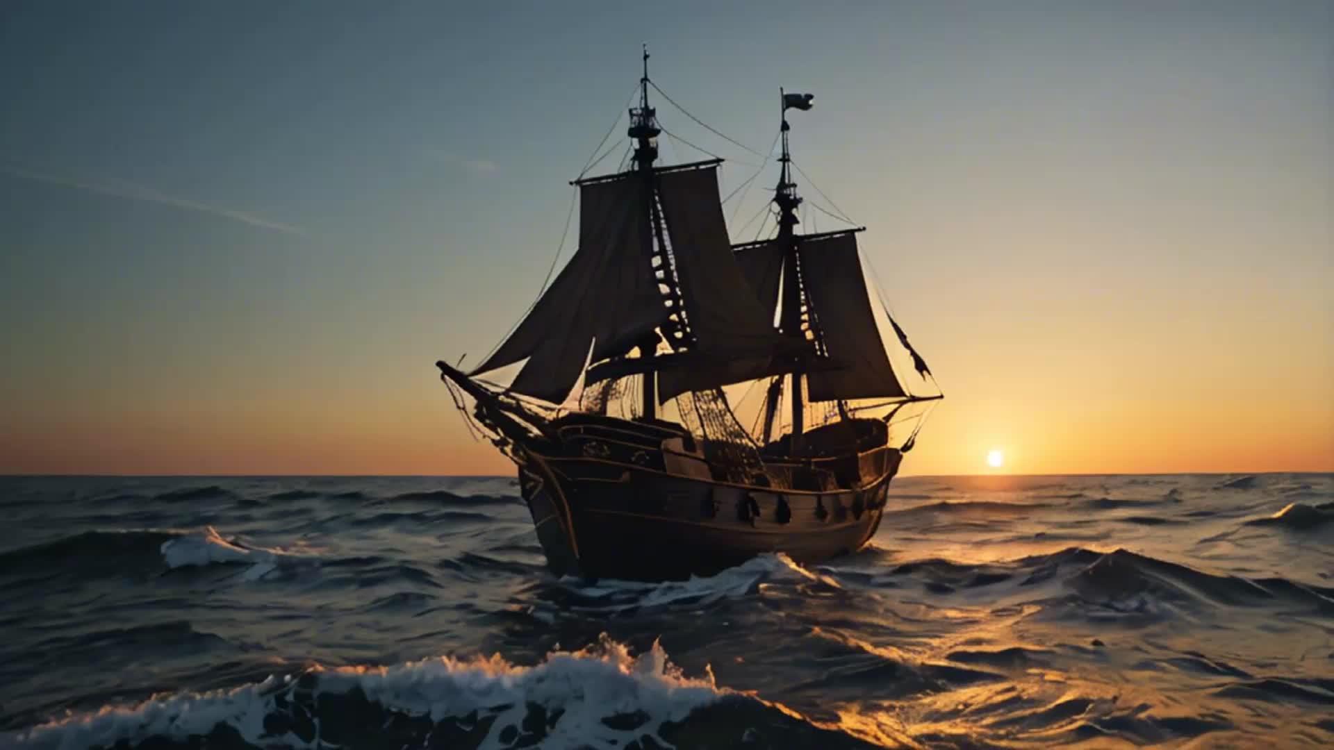 海上远洋帆船夕阳背影视频的预览图