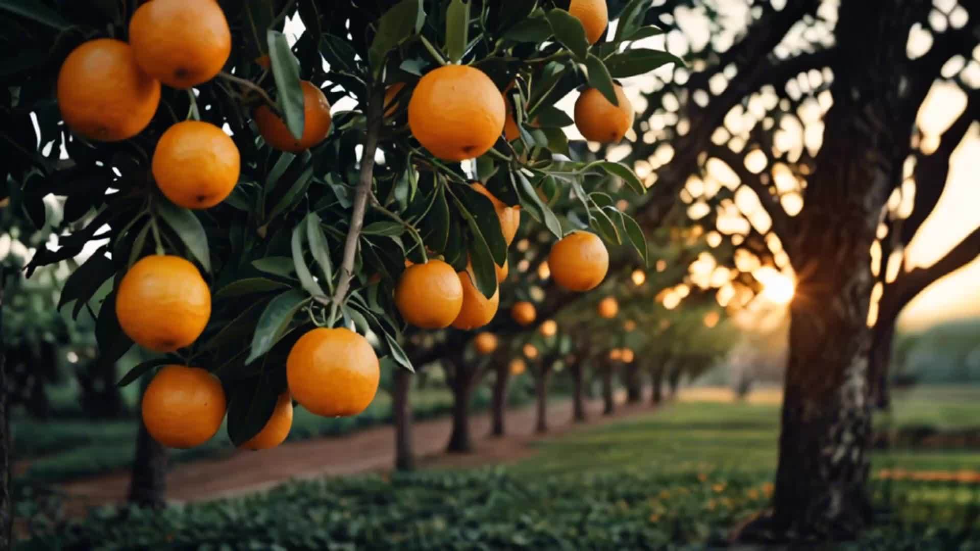 阳光透过果园枝头的橘子视频的预览图