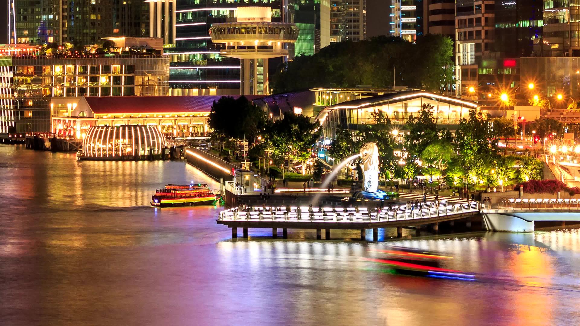 新加坡夜放大新加坡夜间城市景观地标视频的预览图