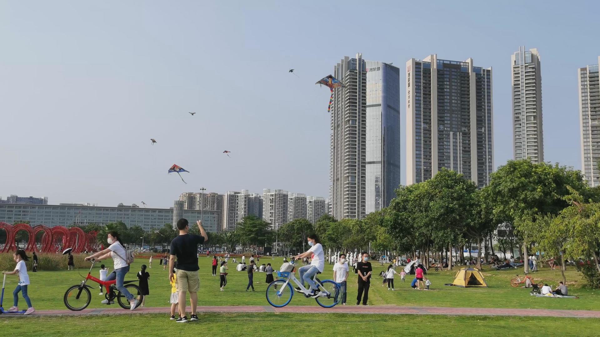城市家庭周末在广场上放风筝视频的预览图