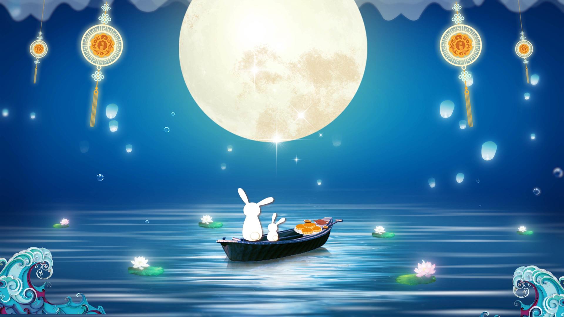 卡通炫光月夜意境中秋节背景视频的预览图