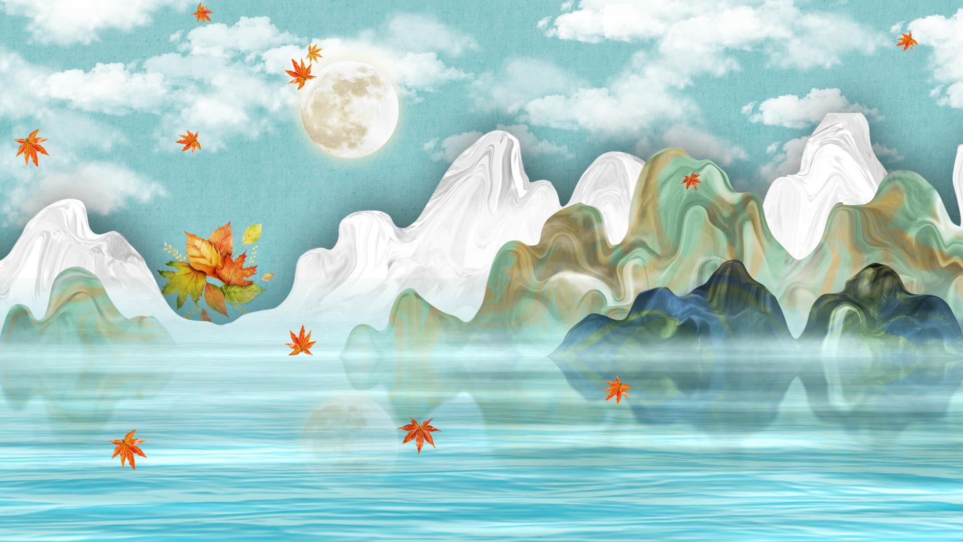 国风山水湖落叶秋分背景视频的预览图