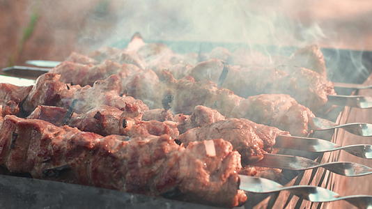 木炭上烤猪肉串的特写视频的预览图