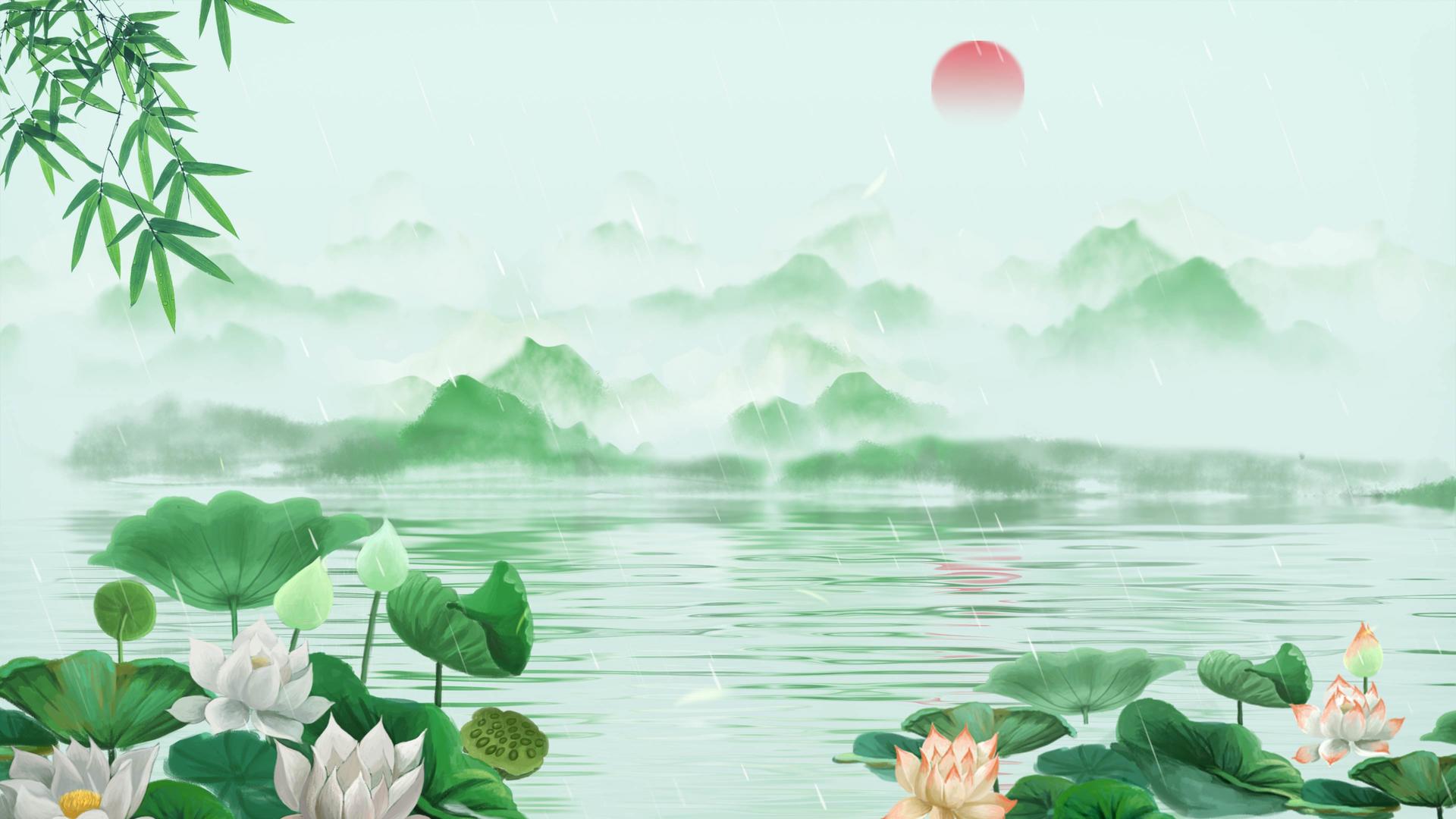优雅的民风远山细雨翠竹荷叶大暑背景视频的预览图