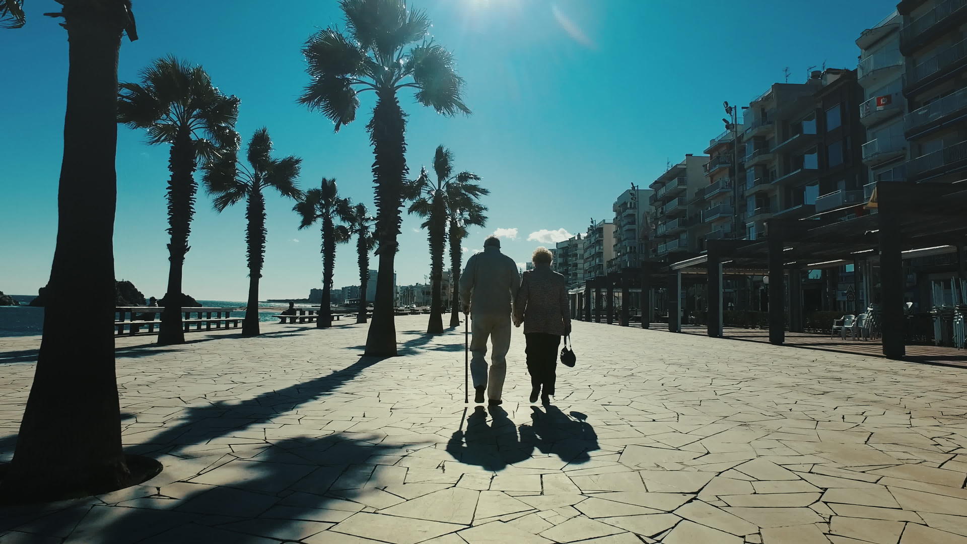 老夫妇在海滨赛道上行走视频的预览图