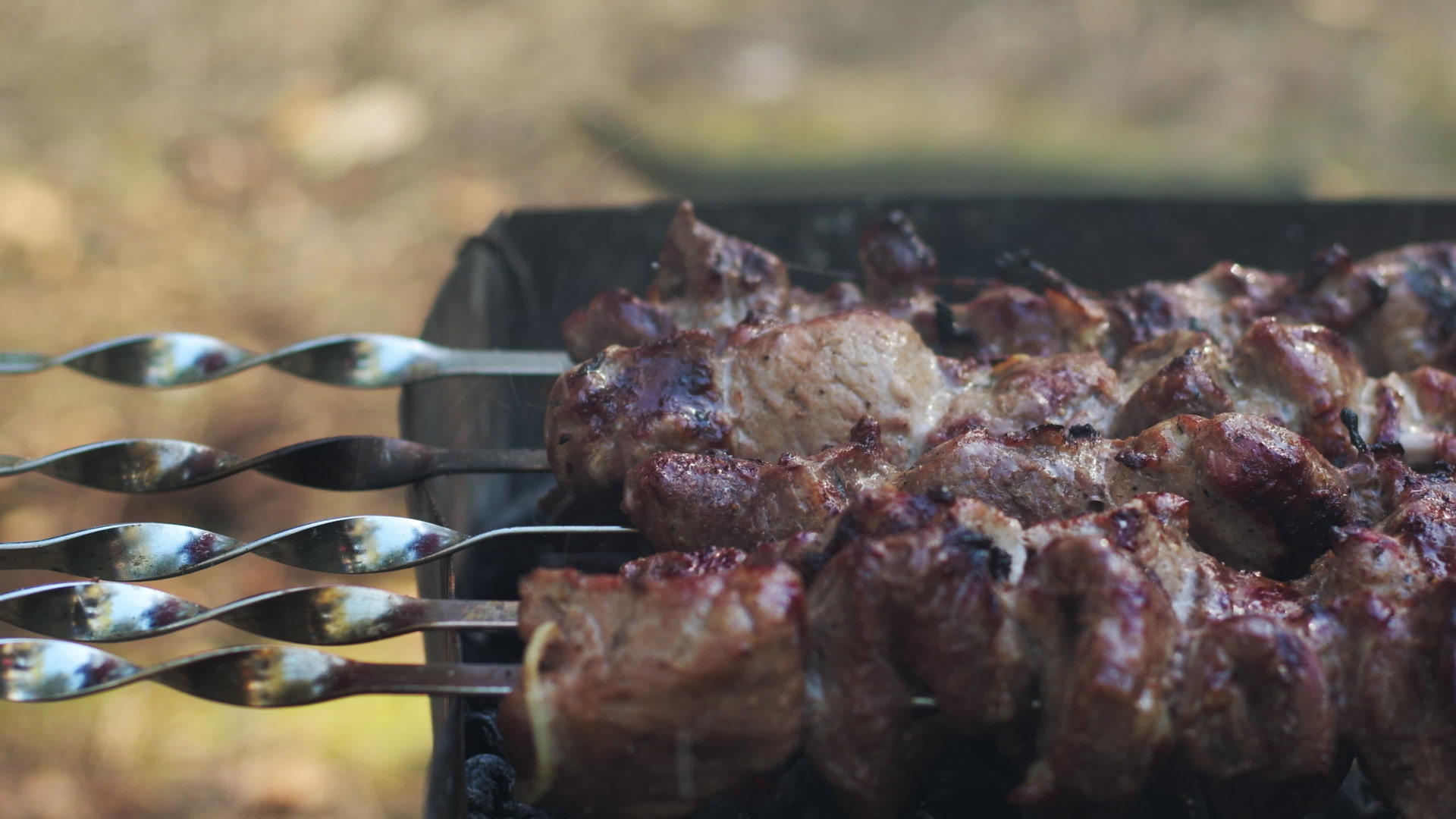 热木炭烤架上的新鲜肉串烧烤视频的预览图