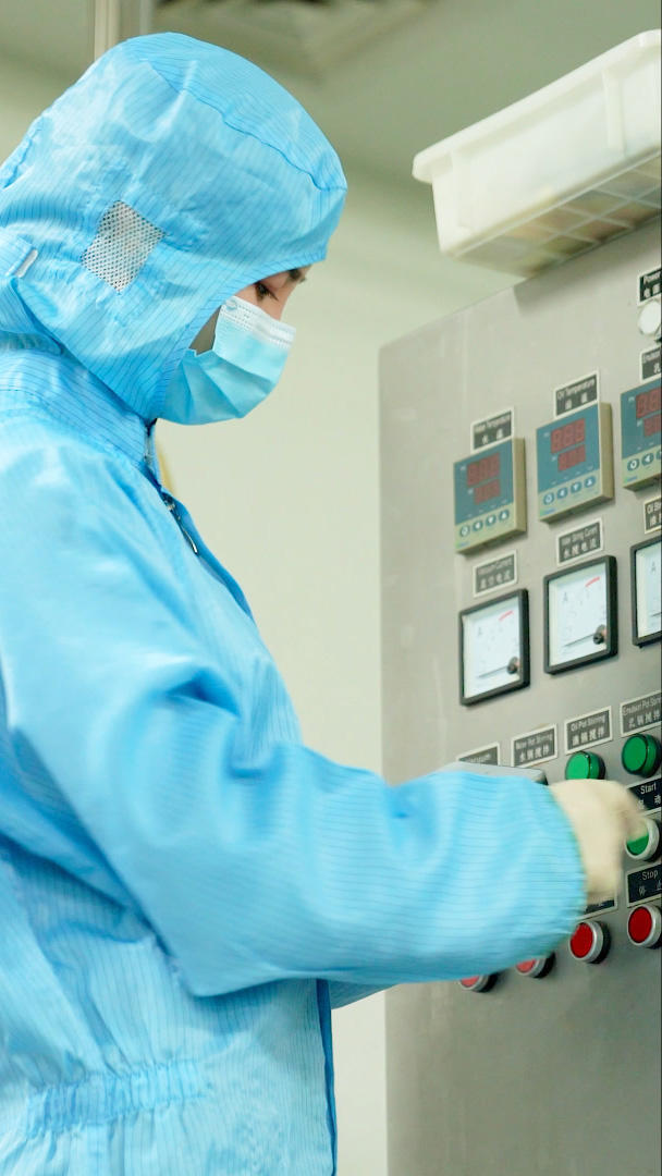 化工厂穿防护服的工人操作机器视频的预览图