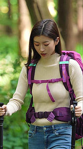户外登山女性手拿登山杖在森林里行走视频的预览图