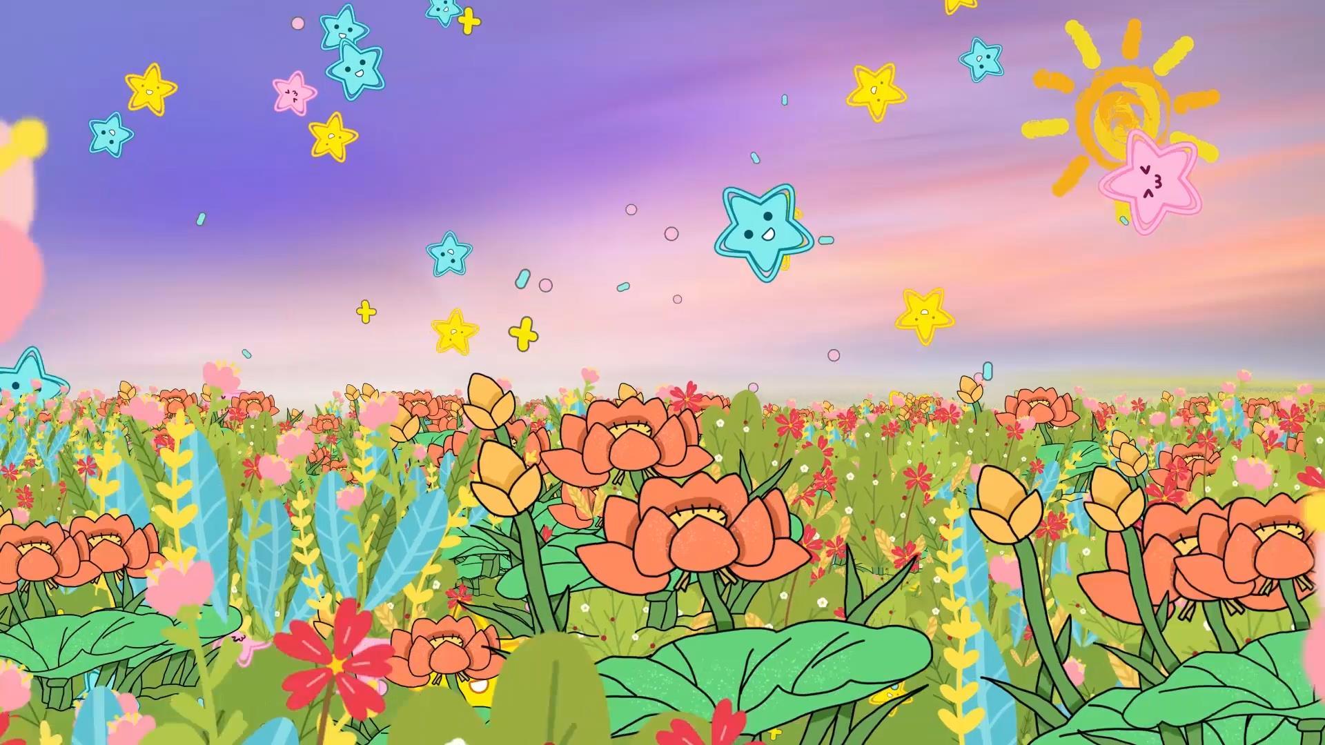 唯美动态卡通花海唯美粒子花朵背景视频素材视频的预览图
