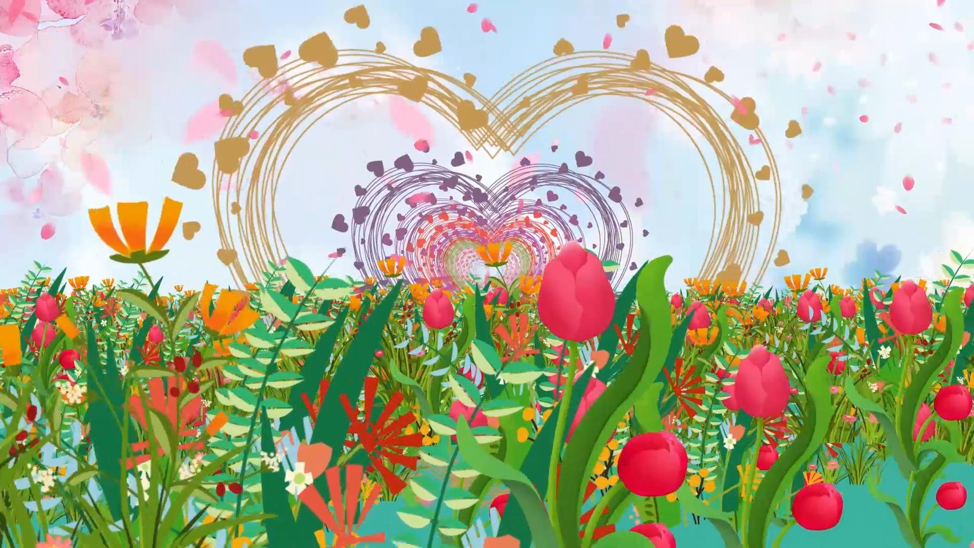 唯美温馨动态粒子花海爱心花环穿梭led背景视频视频的预览图