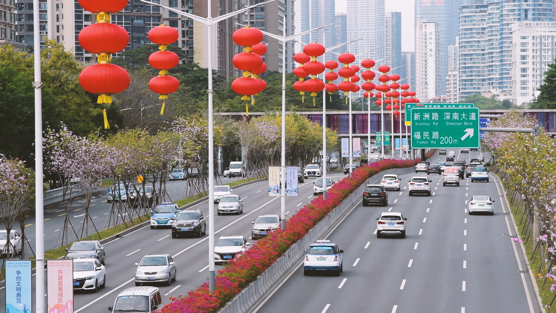 4K深圳元旦春节挂满灯笼的道路视频的预览图