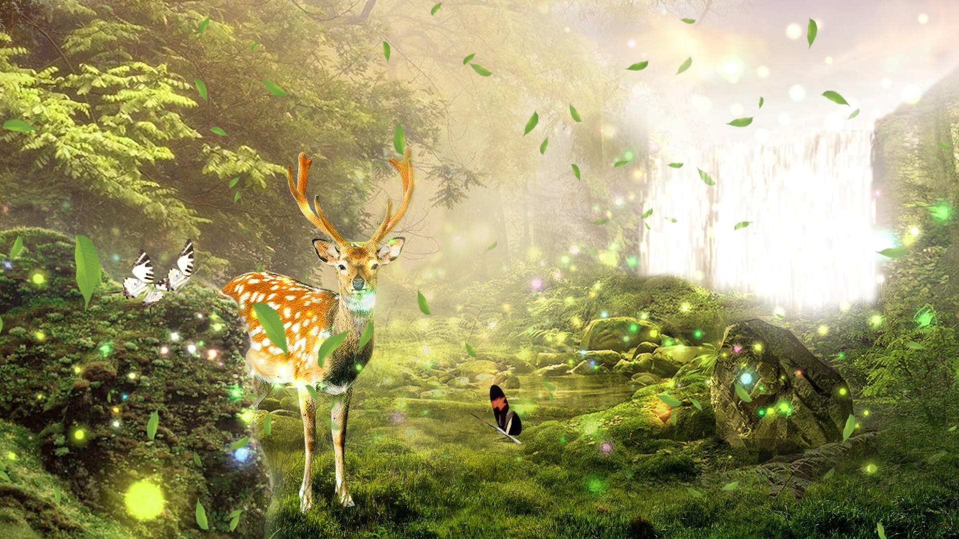 动态丛林粒子瀑布蝴蝶飞舞视频背景元素视频的预览图