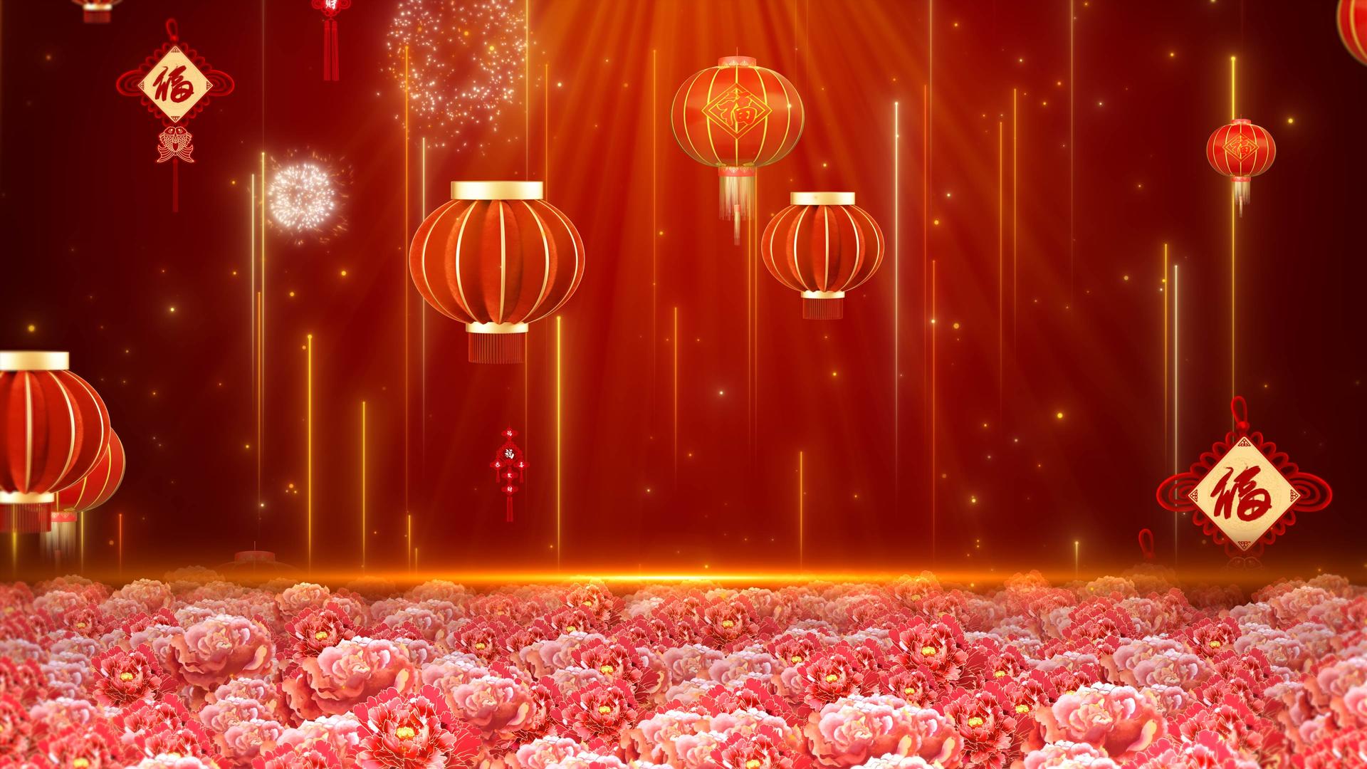 红喜庆年会牡丹灯笼节目舞台背景视频的预览图